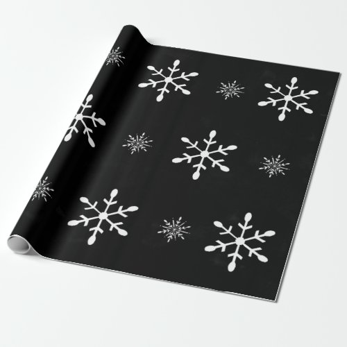 Black Watercolor and White Snowflakes  Christmas Wrapping Paper