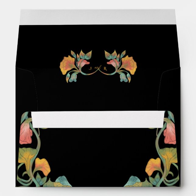 Black Watercolor Art Nouveau Wedding Envelope (Back (Bottom))