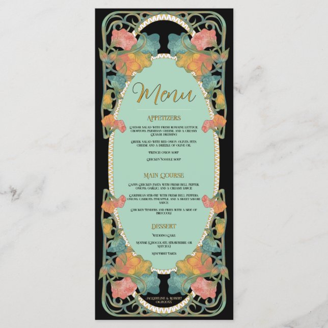 Black Watercolor Art Nouveau Wedding Menu (Front)