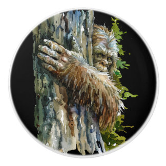 Black Watercolor Bigfoot Hiding Forest   Ceramic Knob
