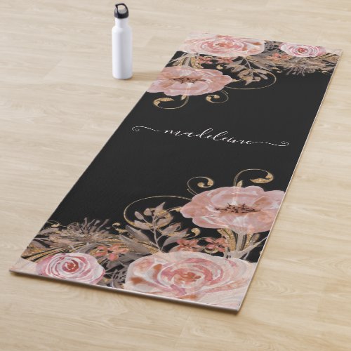 Black Watercolor Blush Roses Floral Script Name Yoga Mat