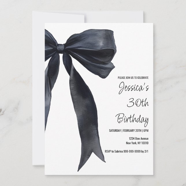 Black Watercolor Bow Birthday Elegant Invitation (Front)