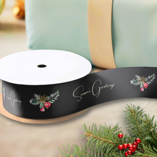 Black Watercolor Christmas Bells Snowflakes Satin Ribbon