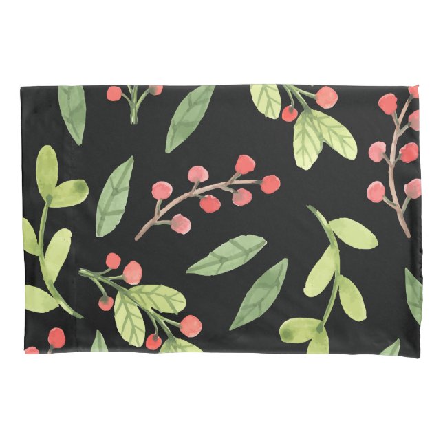 Black Watercolor Christmas Mistletoe Pattern Pillow Case (Front)