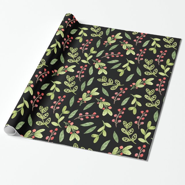 Black Watercolor Christmas Mistletoe Pattern Wrapping Paper (Unrolled)