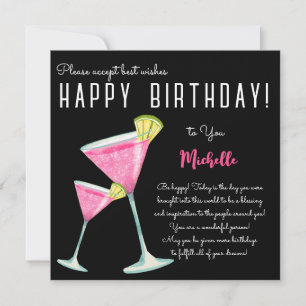 Black Watercolor Cocktail happy birthday Card