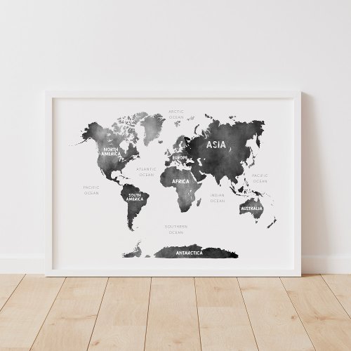 Black Watercolor Continents  Oceans World Map Poster