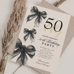Black Watercolor Coquette Bow 50th Birthday Beige Invitation