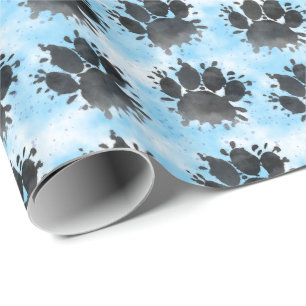 Black Watercolor Dog Paw Print Pattern Custom Blue Wrapping Paper