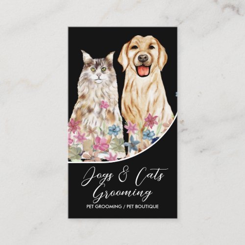 Black Watercolor Dogs Cats Pet Groomer Business Card