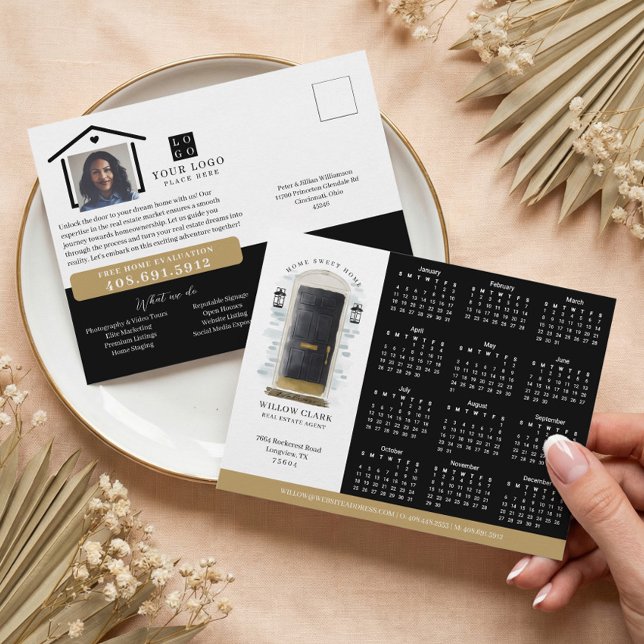 Black Watercolor Door Real Estate Calendar 2026 Postcard (Black Watercolor Door Real Estate Calendar 2026 Postcard)
