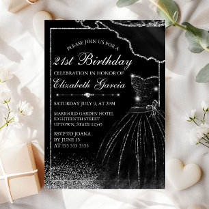 Black Watercolor Dress & Glam Edge 21st Birthday Invitation