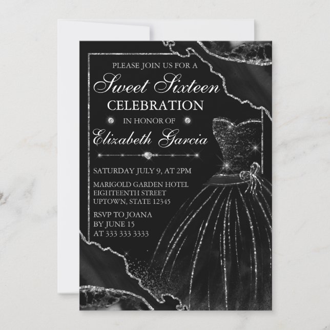 Black Watercolor Dress & Glitter Agate Sweet 16 Invitation (Front)