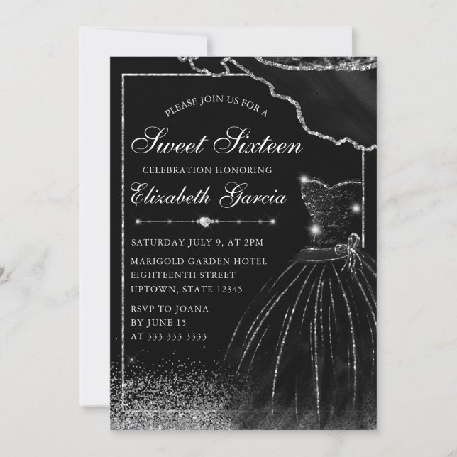 Black Watercolor Dress & Silver Glam Edge Sweet 16 Invitation (Front)