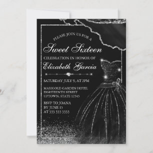 Black Watercolor Dress & Silver Glam Edge Sweet 16 Invitation