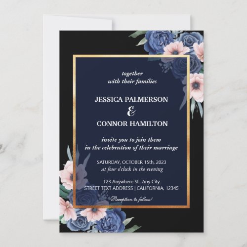 Black Watercolor Elegant Modern Floral Wedding Invitation