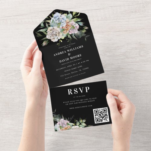 Black Watercolor Floral Dark QR Code RSVP Wedding All In One Invitation