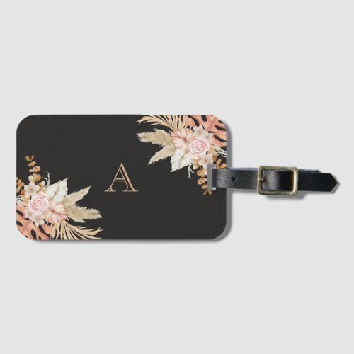 Black Watercolor Floral Monogram Pink Flowers Luggage Tag