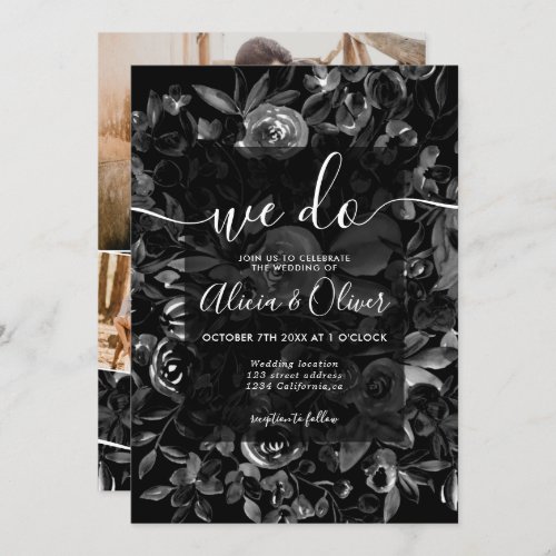 Black watercolor floral photo initials wedding invitation