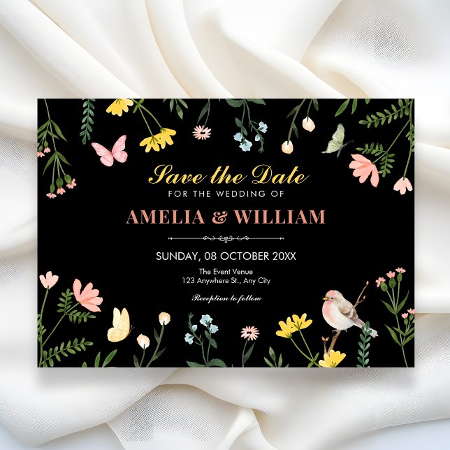 Black Watercolor floral spring wedding Save The Date (Creator Uploaded)