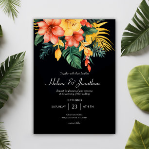 Black Watercolor Floral Tropical Wedding Invitation