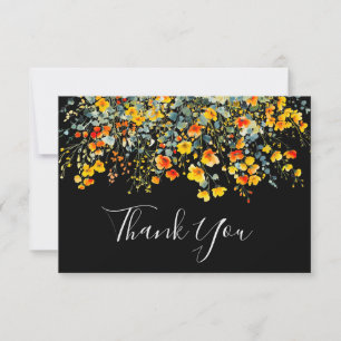 Black Watercolor Floral Wedding Thank You Card