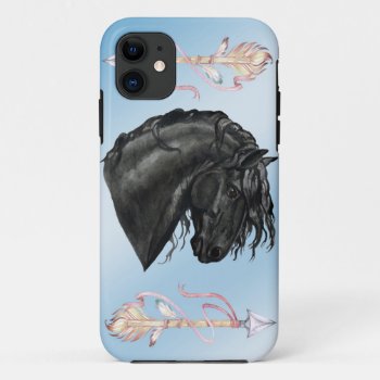 Black Watercolor Friesian Horse On Powder Blue Iphone 11 Case by SterlingMoon at Zazzle