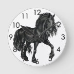 Black Watercolor Friesian Horse Prancing Round Clock at Zazzle