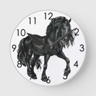 Black Watercolor Friesian Horse prancing Round Clock