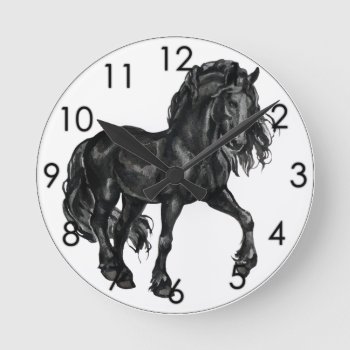 Black Watercolor Friesian Horse Prancing Round Clock by SterlingClouds at Zazzle