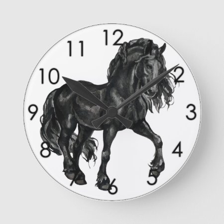 Black Watercolor Friesian Horse Prancing Round Clock