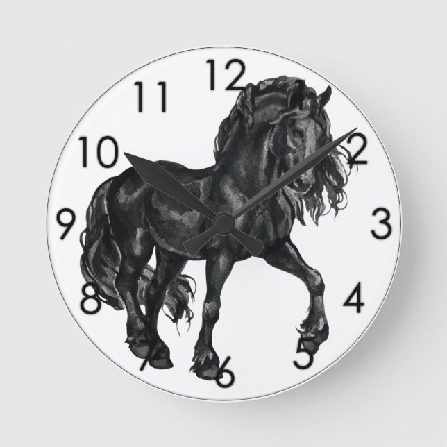Black Watercolor Friesian Horse prancing Round Clock (Front)