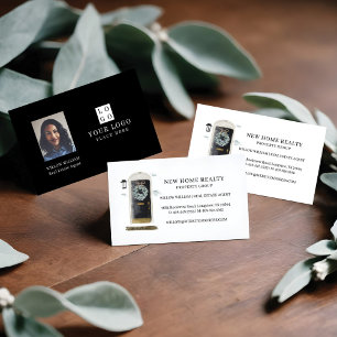 Black Watercolor Front Door Wreath Photo & Logo Business Card