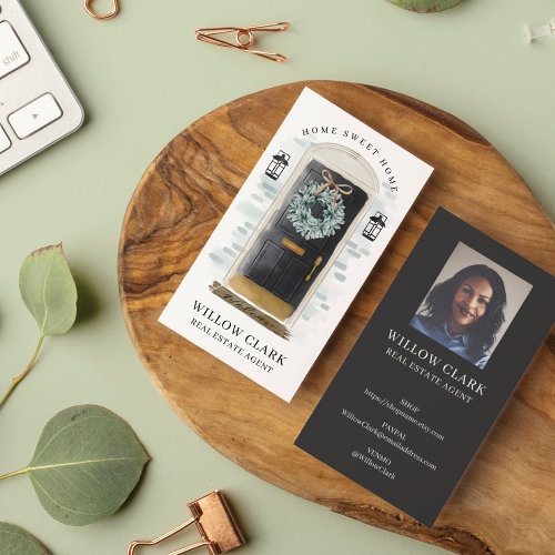 Black Watercolor Front Door Wreath Real Estate Business Card
