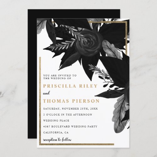 Black watercolor gold fall floral wedding invitation