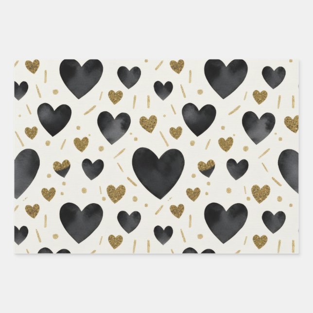 Black Watercolor & Gold Glitter Hearts Wrapping Paper Sheets (Front)