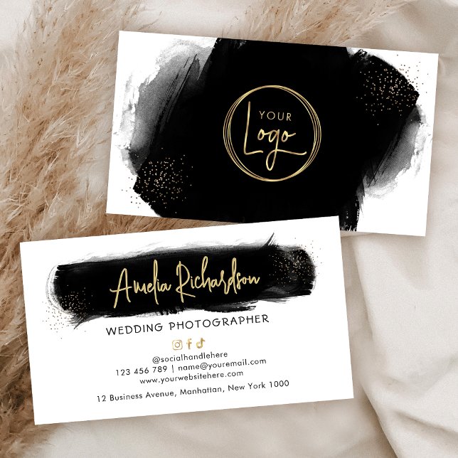 Black Watercolor & Gold Logo Elegant Salon Spa Business Card (Black watercolor and faux gold business cards design)
