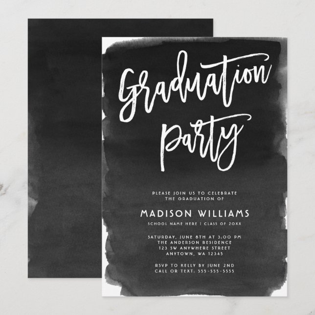 Black Watercolor Graduation Party Invitation (Front/Back)
