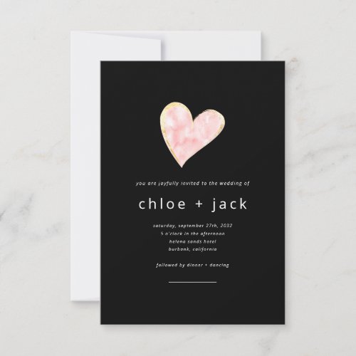 Black Watercolor Heart Gold Foil Modern Wedding Invitation