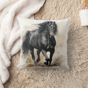 Black Watercolor Horse Throw Pillow
