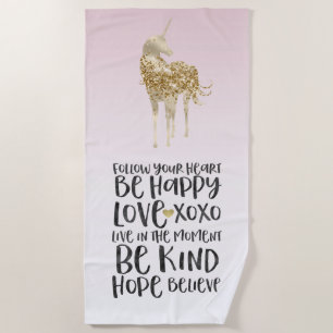 Black Watercolor Inspirational Gold Unicorn Beach Towel