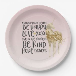 Black Watercolor Inspirational Gold Unicorn Paper Plates