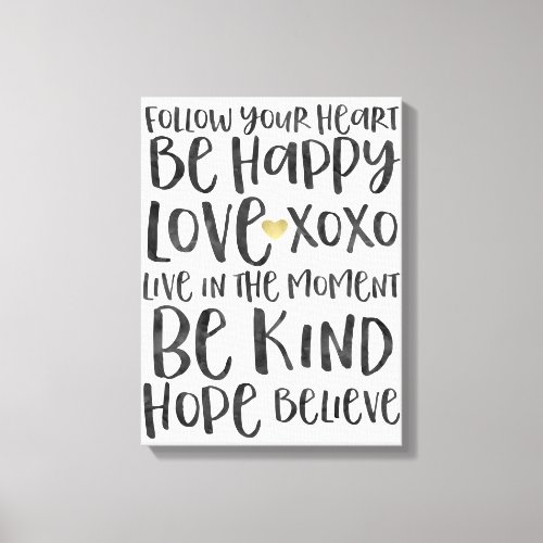 Black Watercolor Inspirational Words Gold Heart Canvas Print