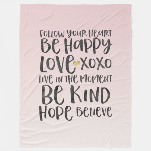 Black Watercolor Inspirational Words Gold Heart Fleece Blanket