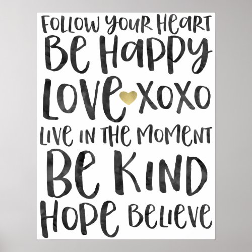 Black Watercolor Inspirational Words Gold Heart Poster