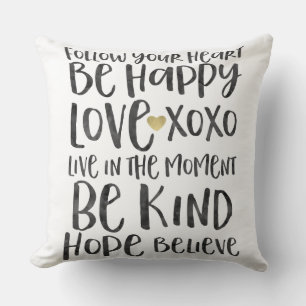 Black Watercolor Inspirational Words Gold Heart Throw Pillow