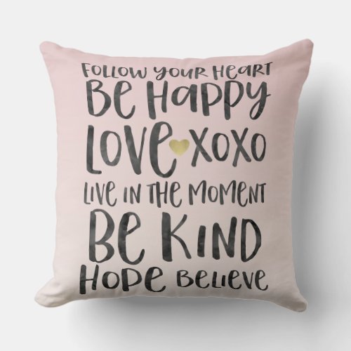 Black Watercolor Inspirational Words Gold Heart Throw Pillow