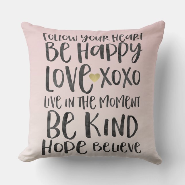 Black Watercolor Inspirational Words Gold Heart Throw Pillow (Front)
