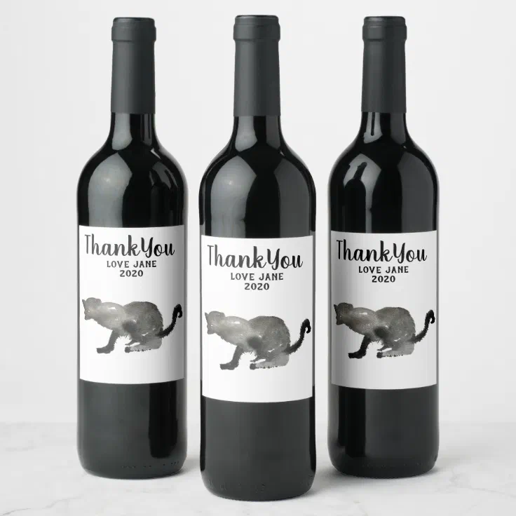 Black watercolor kool kitty cat wine label | Zazzle