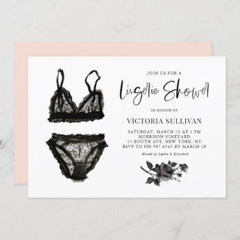 Black Watercolor Lace Lingerie Bridal Shower Invitation by misstallulah at Zazzle